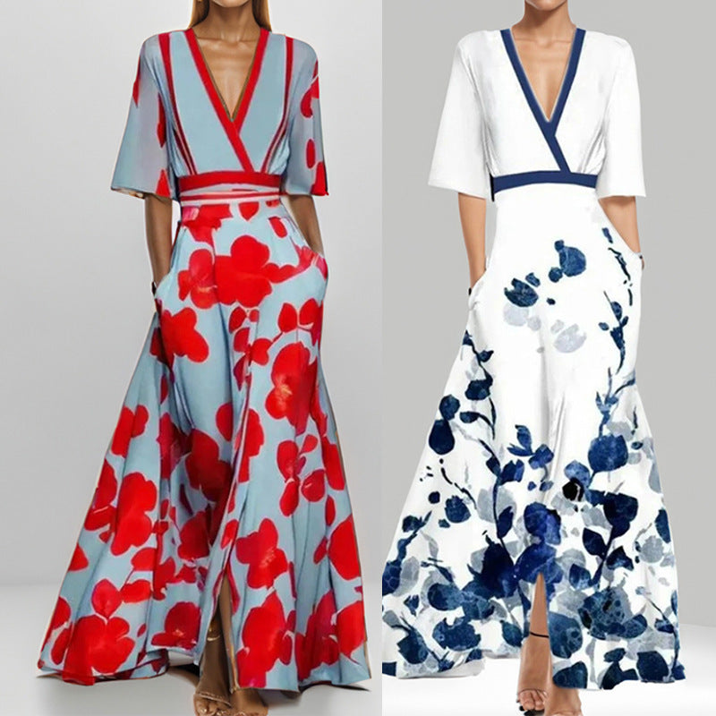 Women's Fashion Elegant Graceful Printed Pleated Large Dress