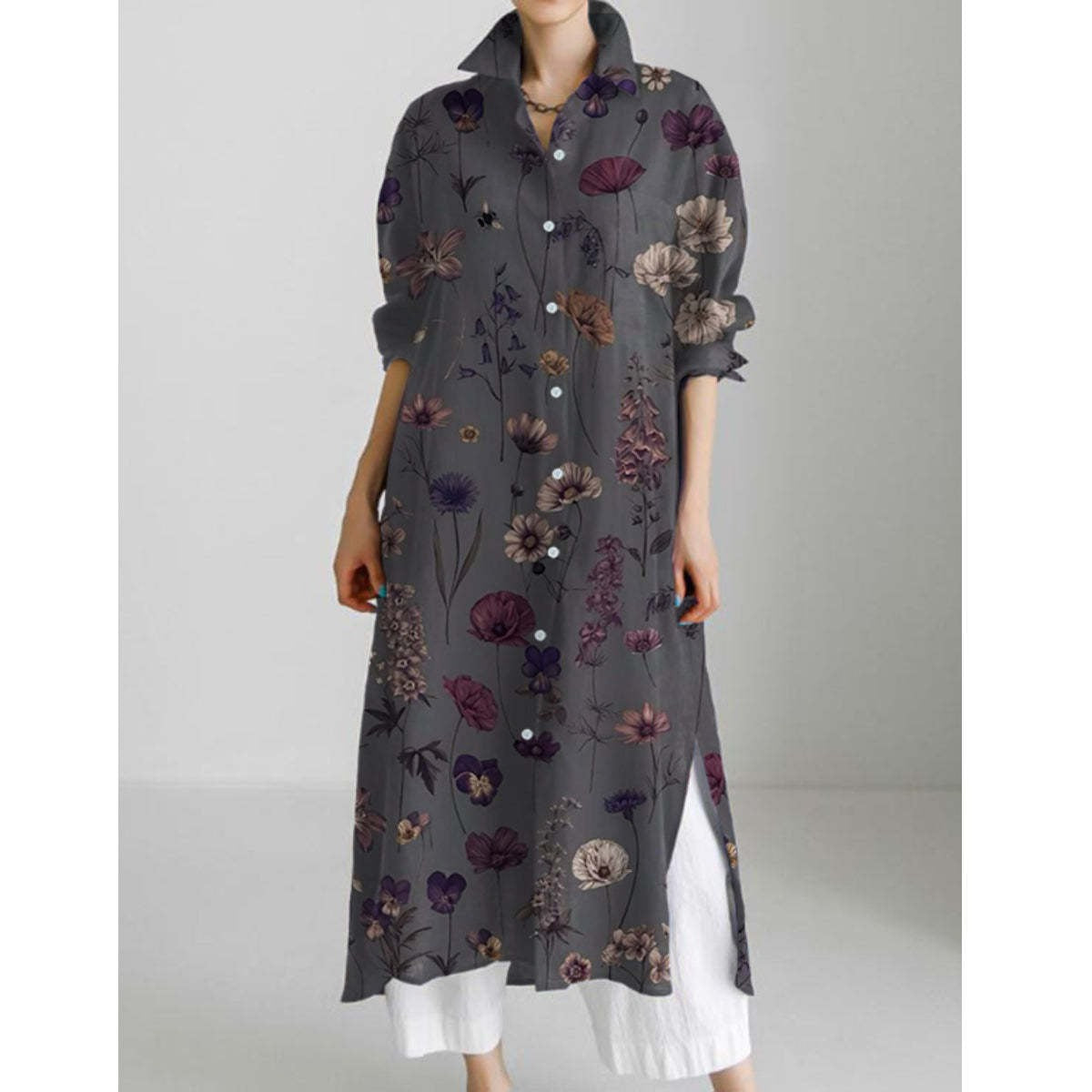Women's Casual Abstract Printing Long Sleeve Slit Shirt Blouse