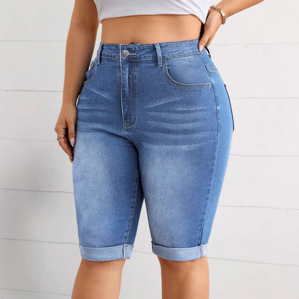 Large Washed Blue Stretch Denim Figure Flattering Women's Jeans