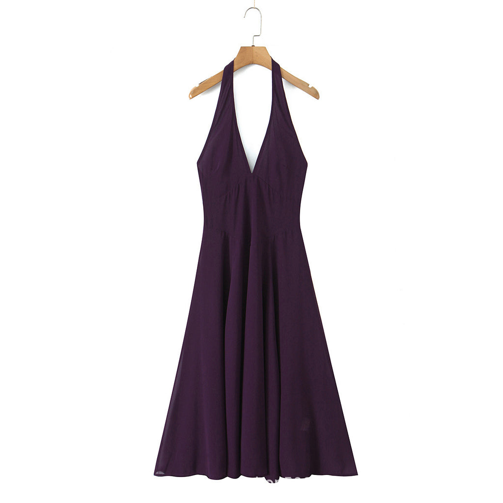 Purple Temperament Sexy Deep V Backless Halter Dress