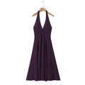Purple Temperament Sexy Deep V Backless Halter Dress