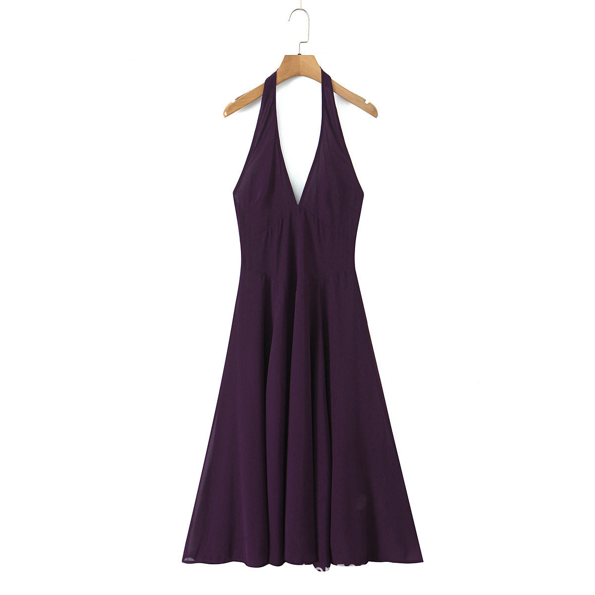 Purple Temperament Sexy Deep V Backless Halter Dress