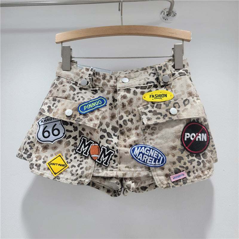 Leopard Print A- Line Large Pocket Denim High Waist Skirt