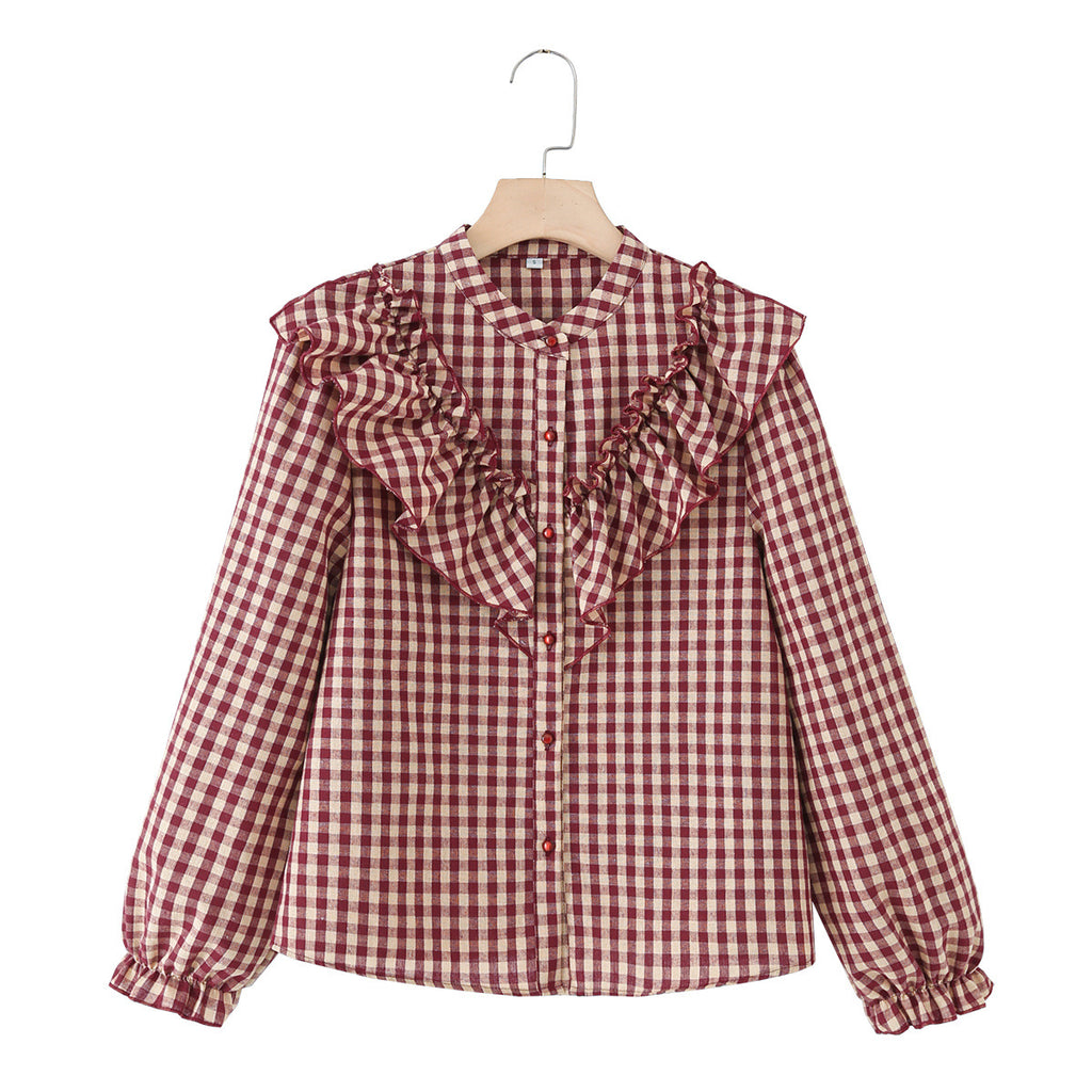 Spring Cotton Long-sleeved Plaid Laminated Decoration Blouse