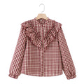 Spring Cotton Long-sleeved Plaid Laminated Decoration Blouse