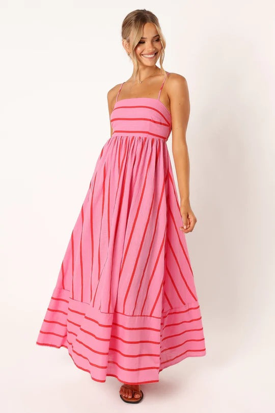 Striped Sleeveless Sling Backless Large Swing Dress