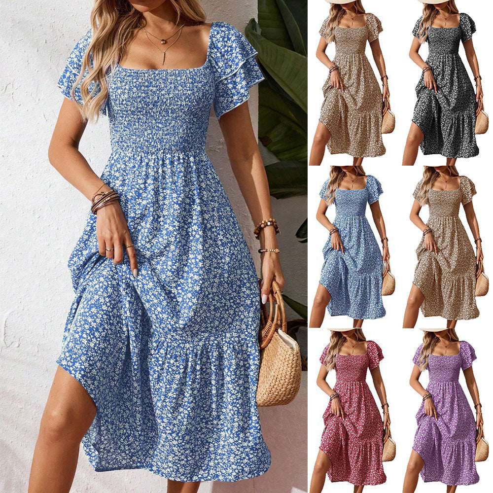 Women's Smocking Sleeve Square Collar Floral Long Dress