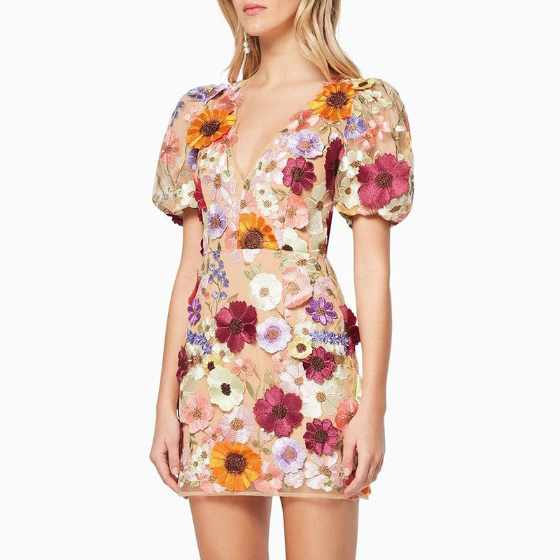 Three-dimensional Flower Sheath Lantern Sleeve Sexy Dress