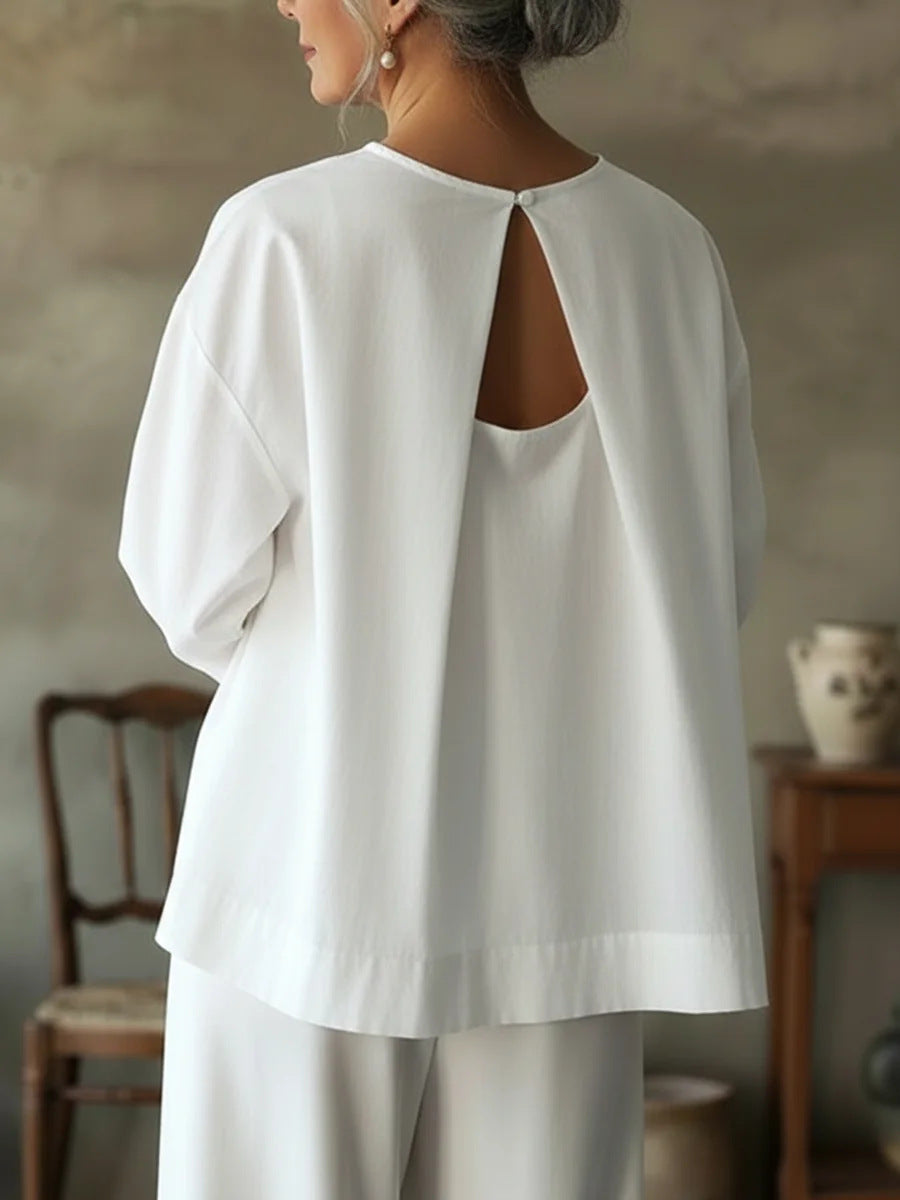 Women's Elegant Sleeve Shirt Backless Loose Crew Blouse