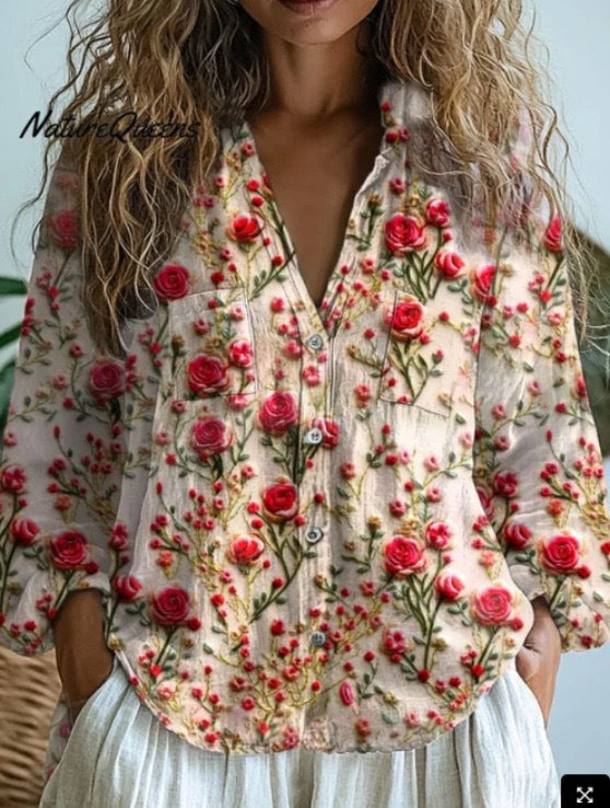 Women's Shirt Printed Linen Fabric Can Be Made Blouse