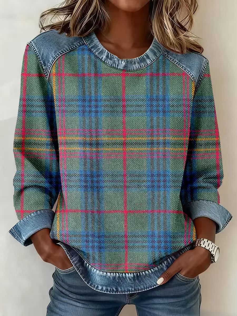 Women's Plaid Stitching Denim Round Neck Loose-fitting Source Sweaters