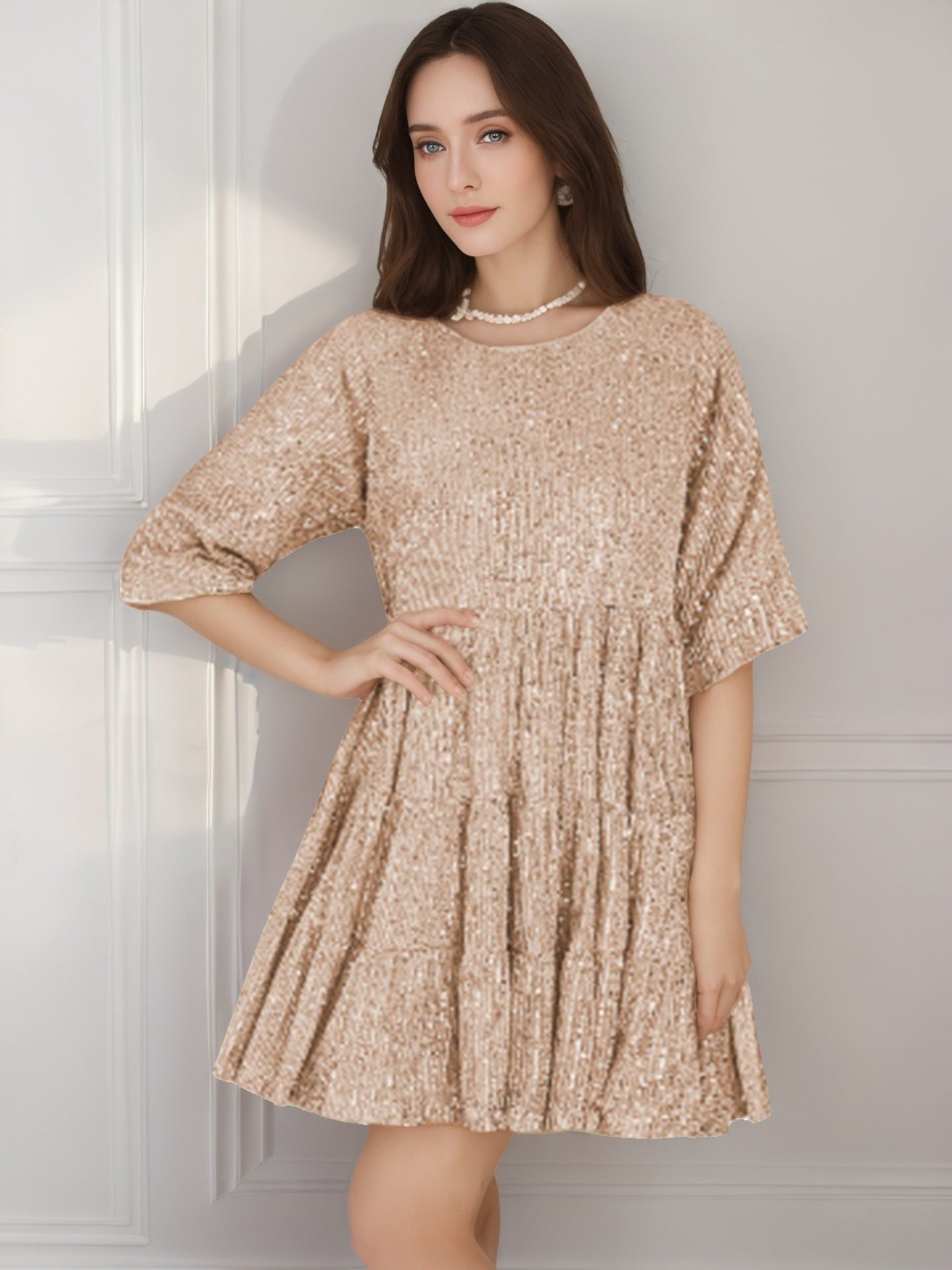 Fashion Solid Color Loose Waist Sleeves Sequins Shorts