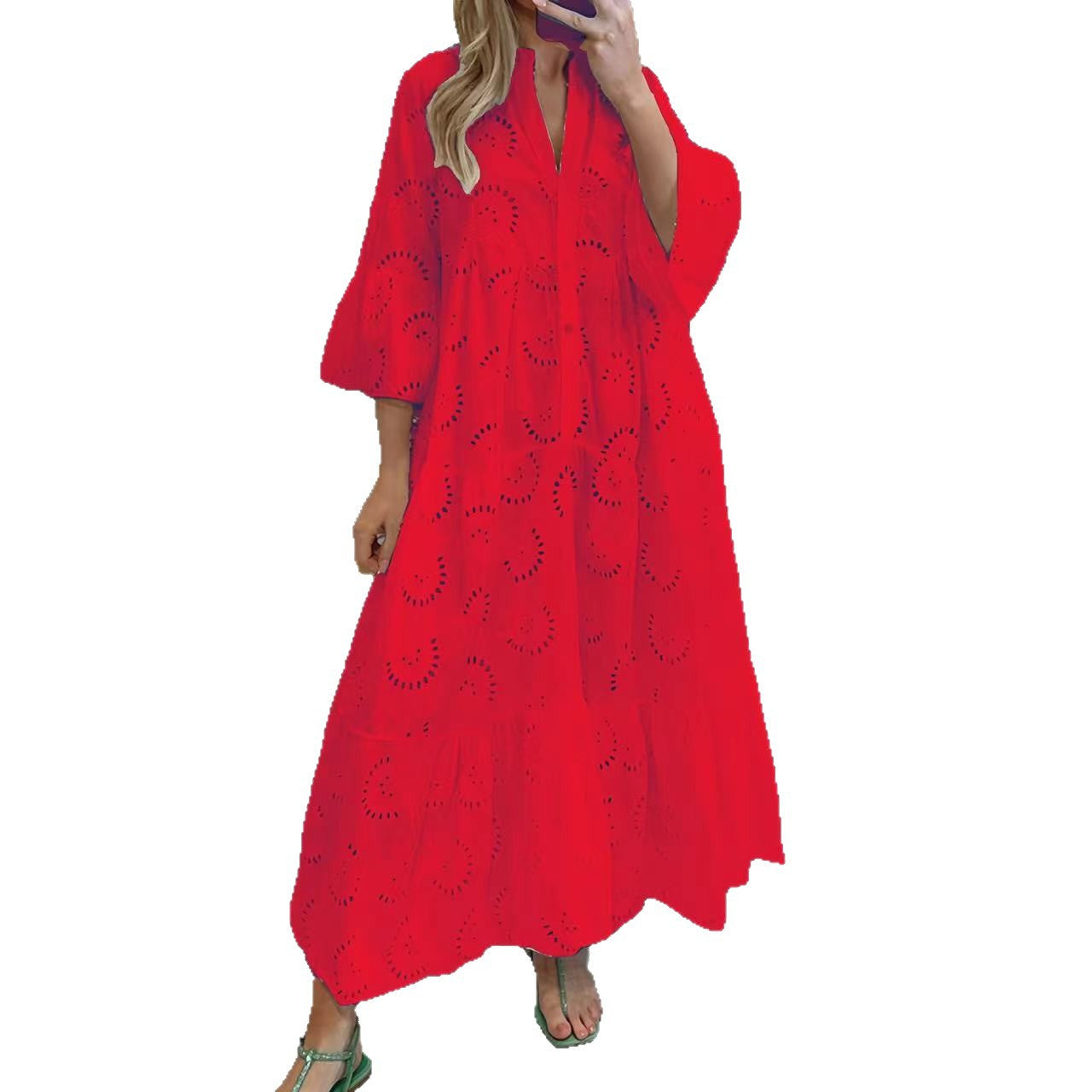 Women's French Style Bell Sleeve Lace Solid Color Sexy Long Dress