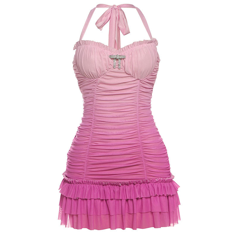 Women's Summer Mesh Stitching Sexy Contrast Color Pleated Halter Sheath Dress