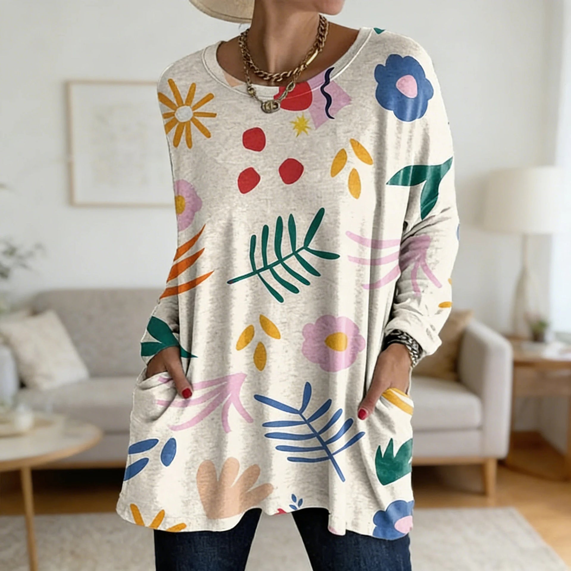 Women's Printed Casual Round Neck Long Sleeve Women's T-shirt