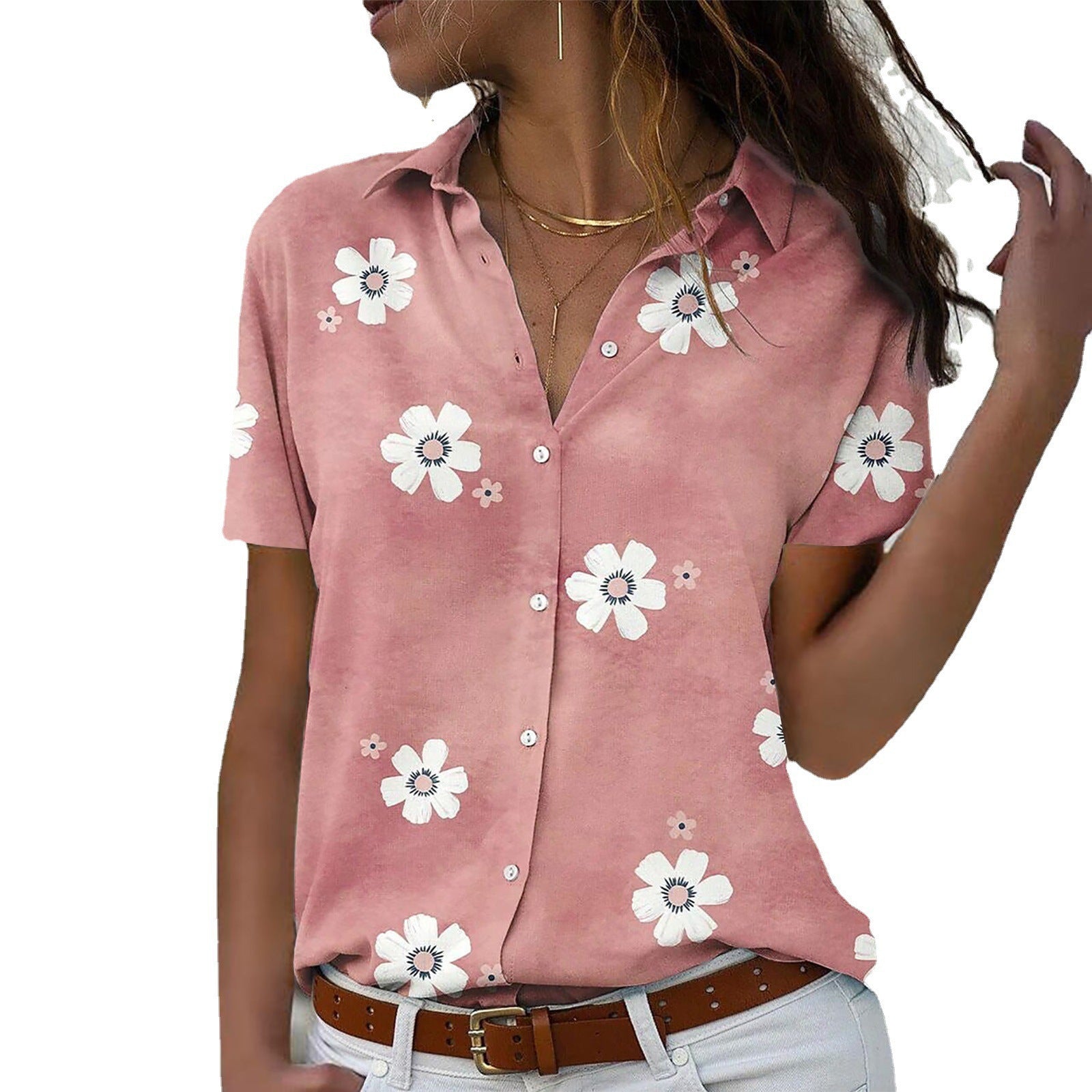 Women's Fashion Casual Sleeve Button Flower Print Blouse