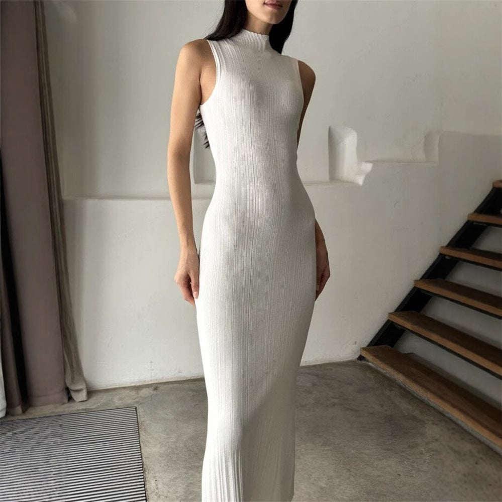 Women's Knitted Turtleneck Sleeveless Tight Midi Elegant Dress