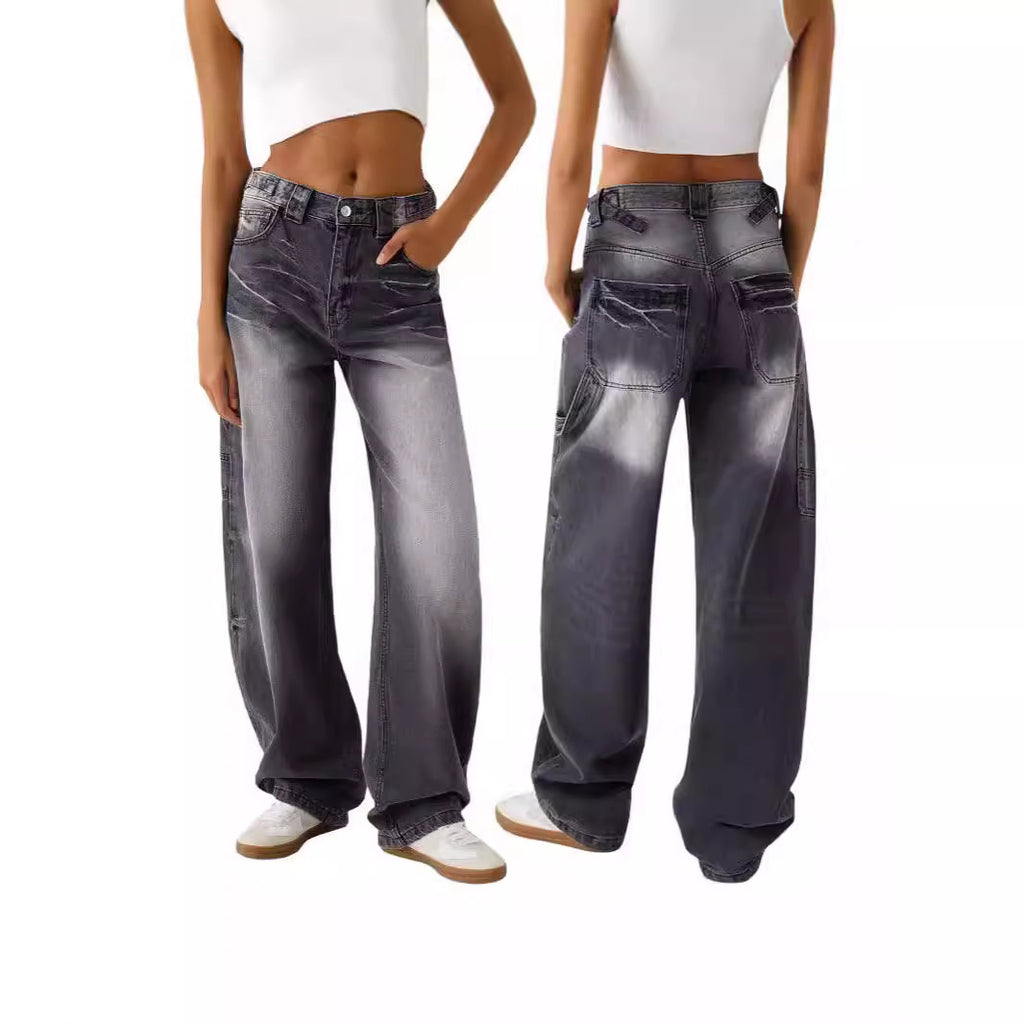 Women's Washed Loose Street High Waist Wide Jeans