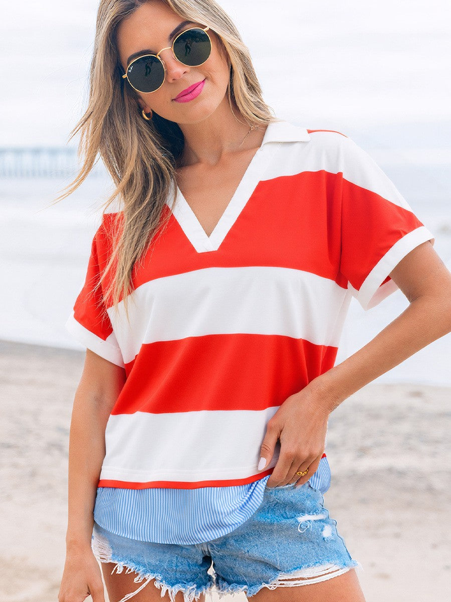 Women's Summer Deep Fashion Trend Stripes Printed Loose Women's T-shirt