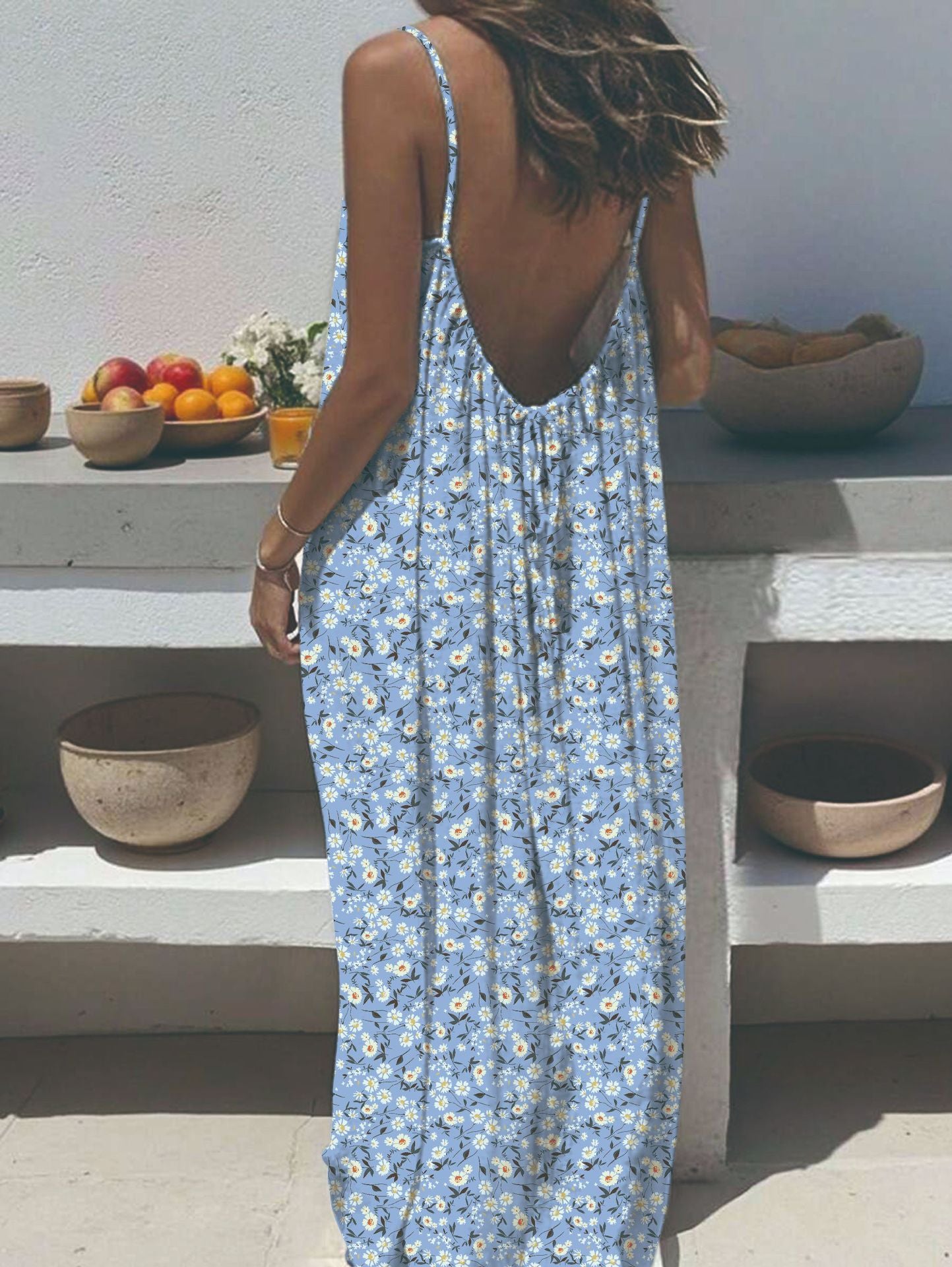 Women's Sling Backless Loose Print Long Dress