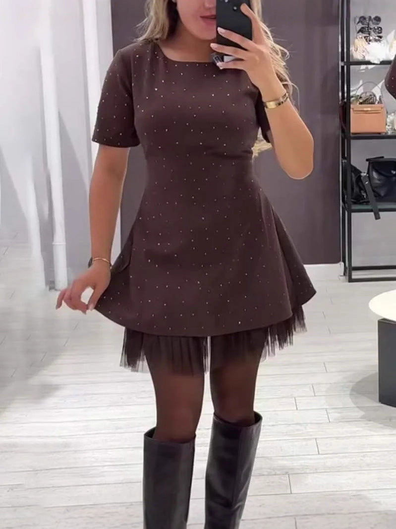 Women's Hem Mesh Pleated Solid Color Commute Dress