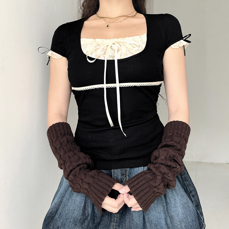 Women's Winter Color Contrast Patchwork Lace Square Collar Tops