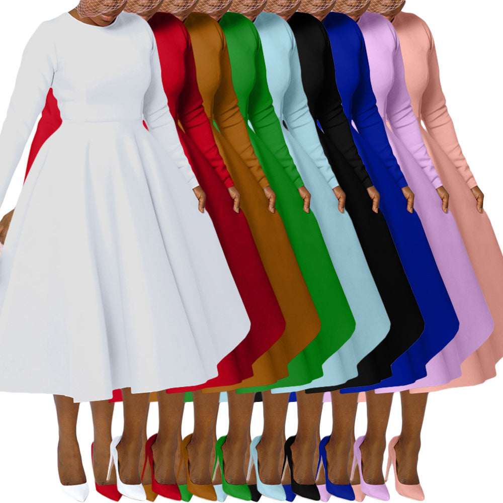 Women's Solid Color Round Neck Long Sleeve Flat Part Of Knife Dress