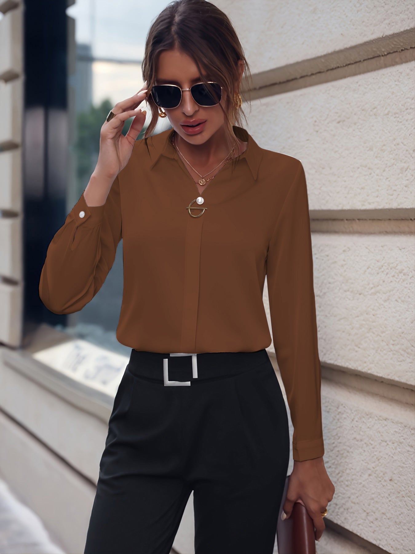 Women's Shirt Versatile Simple Solid Color Long Sleeve Blouse