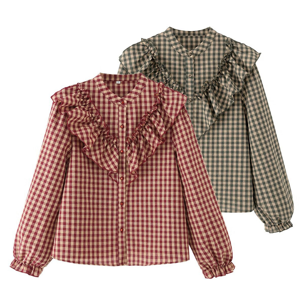 Spring Cotton Long-sleeved Plaid Laminated Decoration Blouse