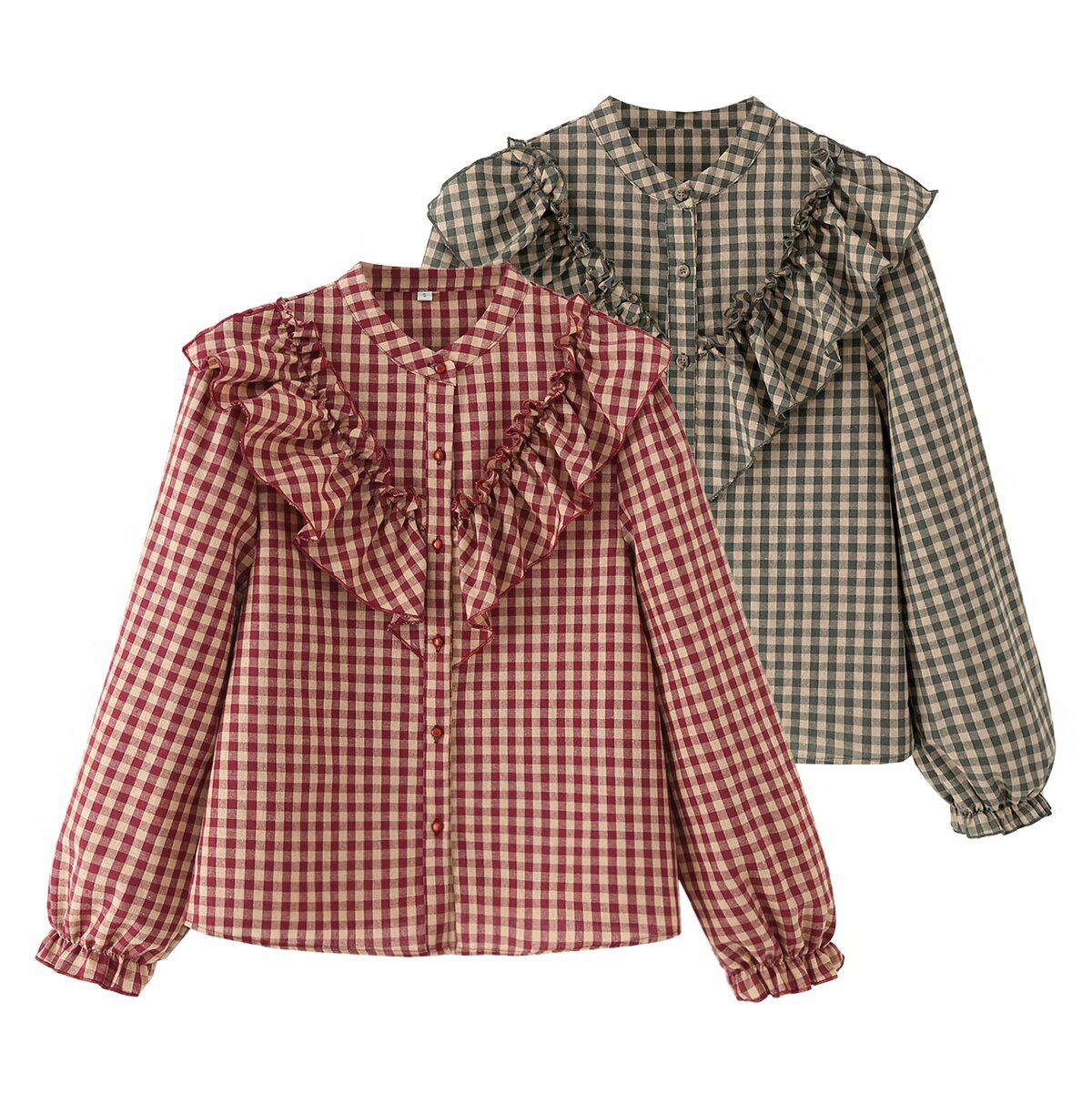 Spring Cotton Long-sleeved Plaid Laminated Decoration Blouse