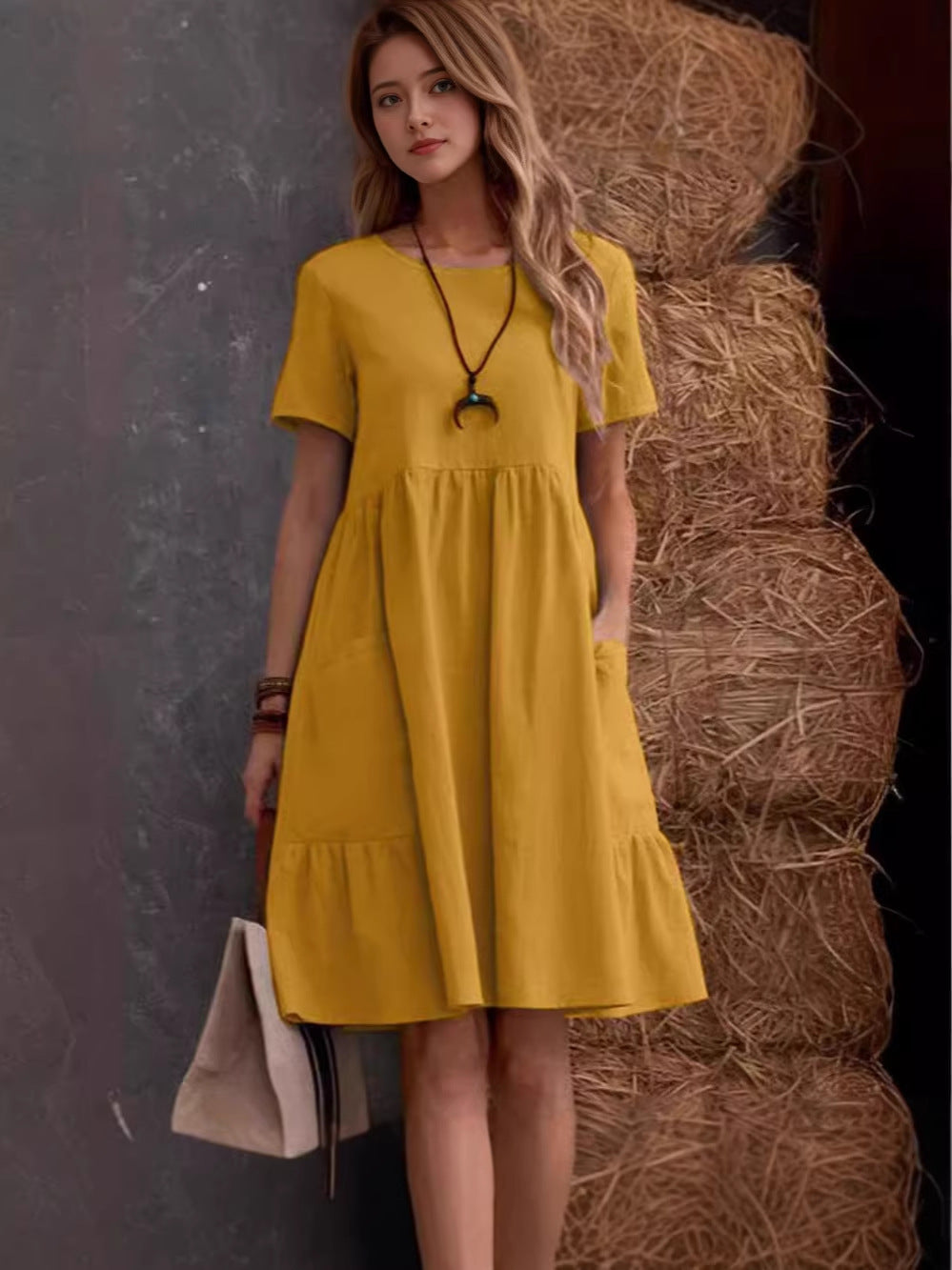 Women's Loose Pockets Solid Color Round Neck Cotton Dress