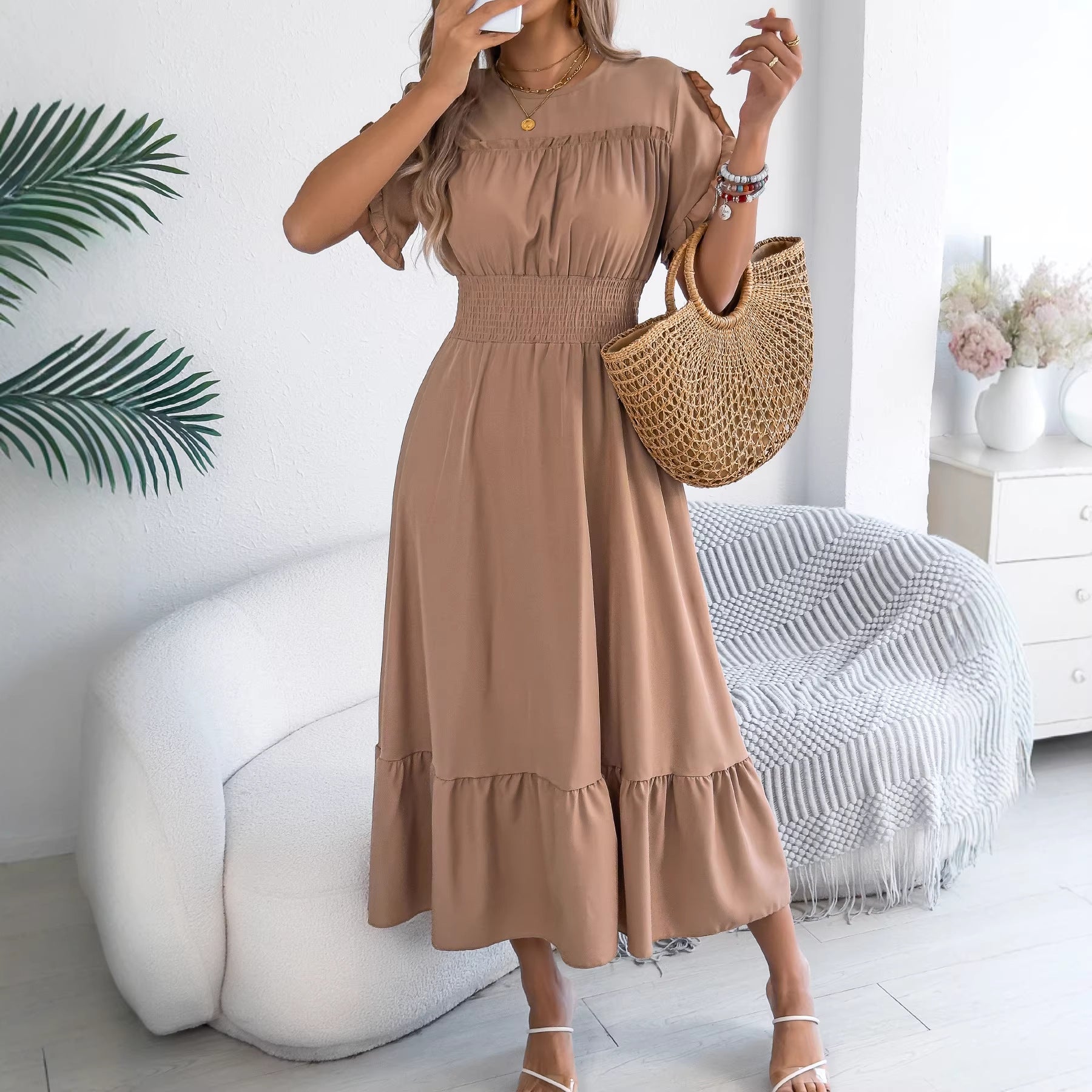Women's Casual Stringy Seedge Sleeve Smocking Large Hem Shorts