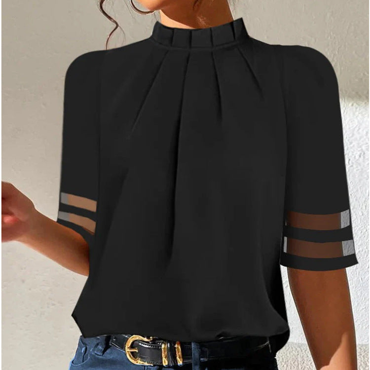 Popular Summer Pure Black Pleated Turtleneck Blouse