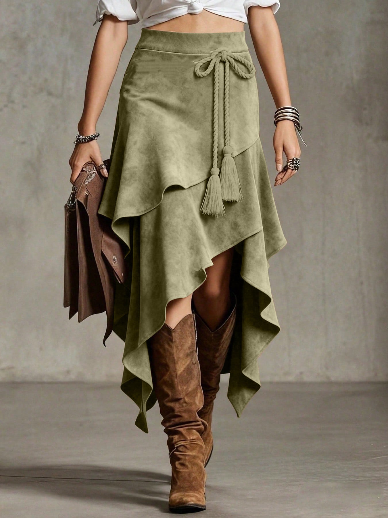 European Retro Western Style Irregular Design Suede Skirt
