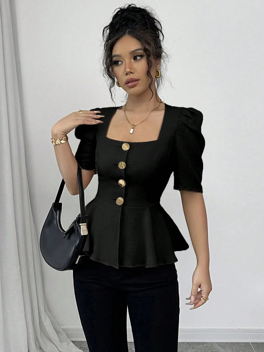 Summer Elegant Black Fashion Square Collar Sleeve Button Tops