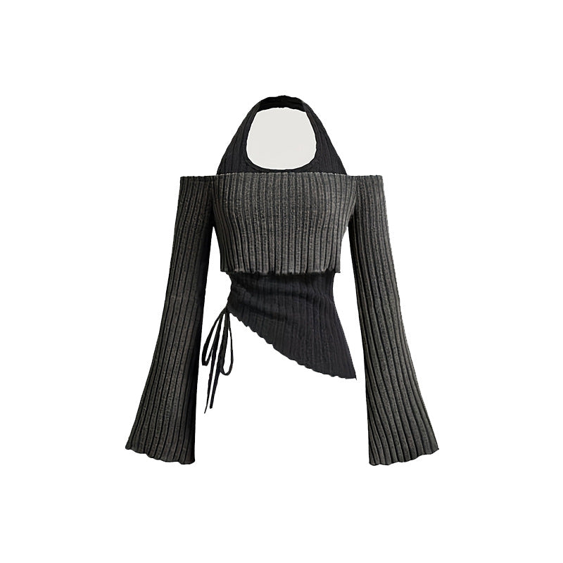 Women's Clothes Long Sleeve Contrast Colors Stitching Halter Women's T-shirt