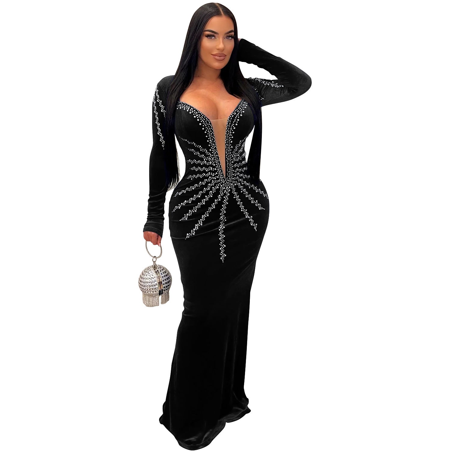 Women's Fashion Wear Solid Color Sexy Rhinestone Long Dress