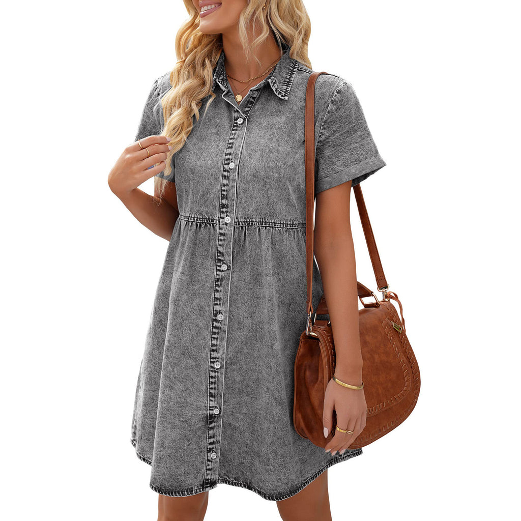 Trendy Women's Summer Denim Short-sleeved Midi Dress