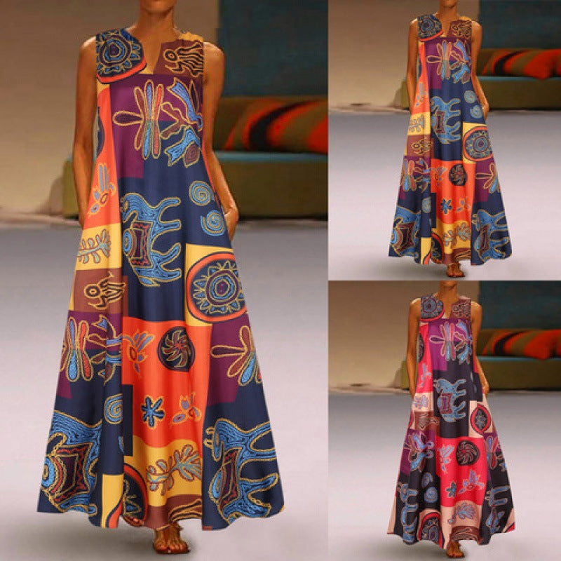 Women's Vintage Printed Cotton Linen Sleeveless Pocket Summer Large Skirts
