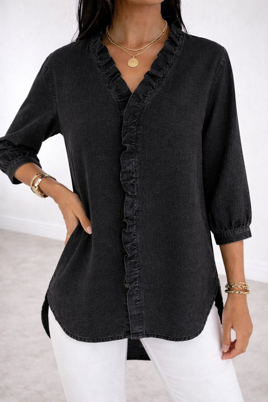 Women's Ruffled Casual Shirt Imitation Denim Ladies Blouse