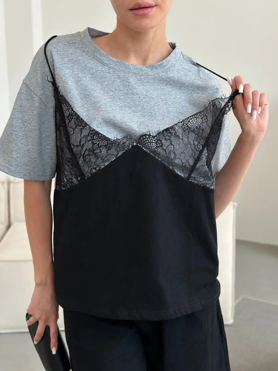 Women's Lace Stitching Loose Basic Style Round Neck Women's T-shirt