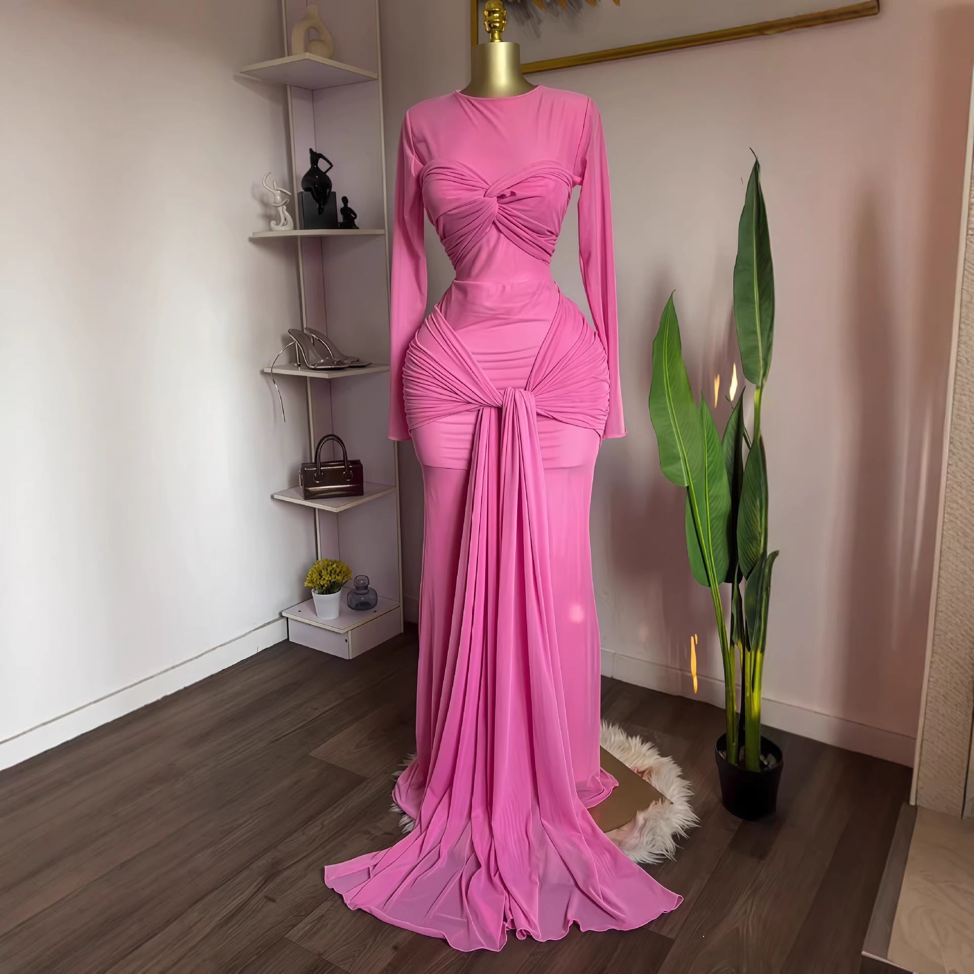 Women's Spring Solid Color Long Sleeve Round Dress