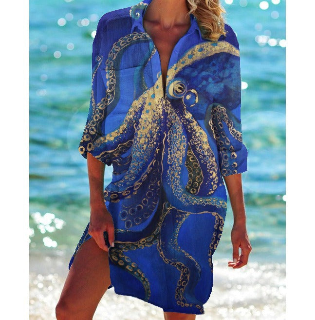 Women's Summer Printed Bikini Shirt Swimsuit Vacation Blouse