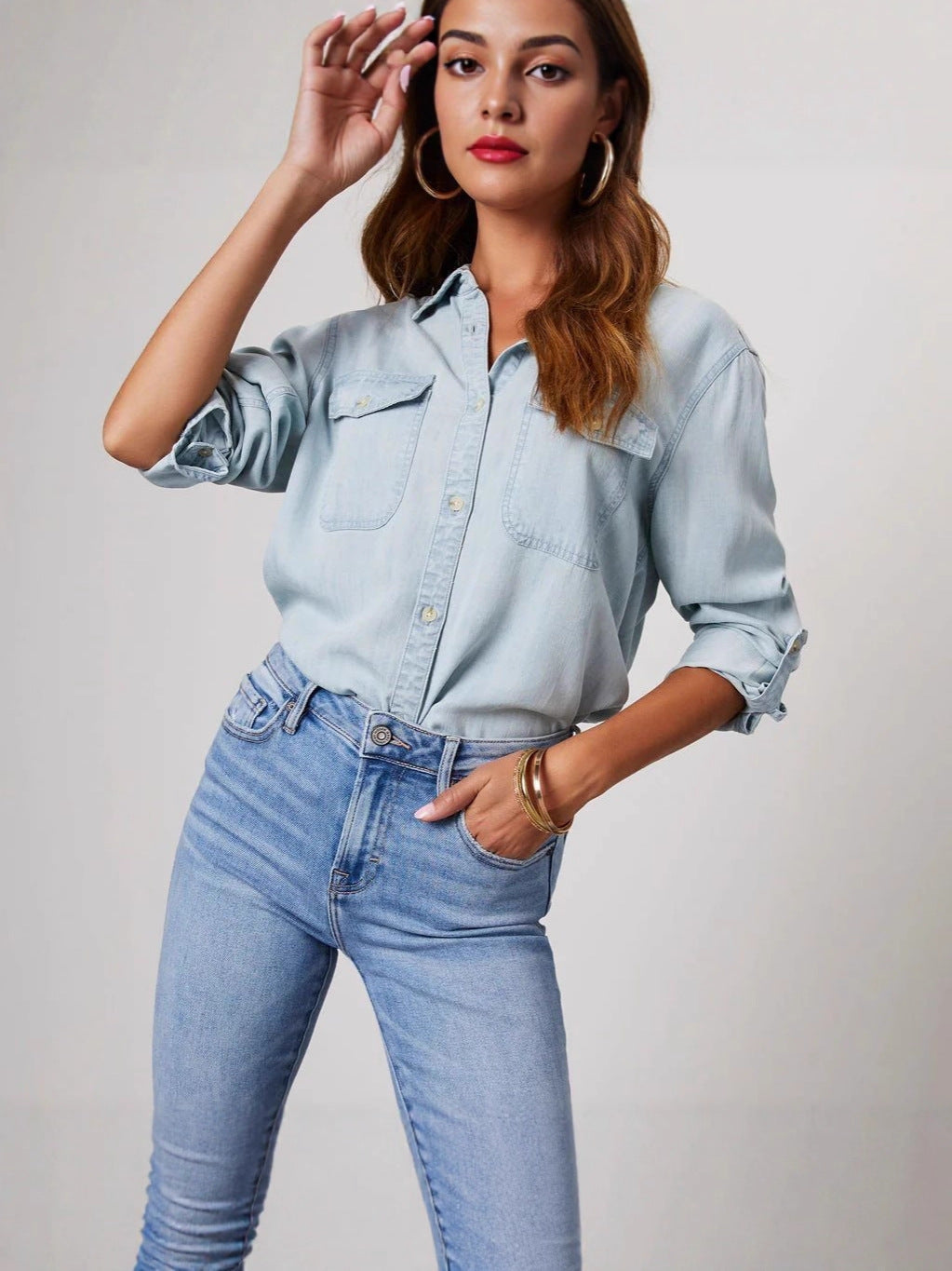 Women's Denim Shirt Autumn Fashion Casual Polo Collar Single-breasted Blouse