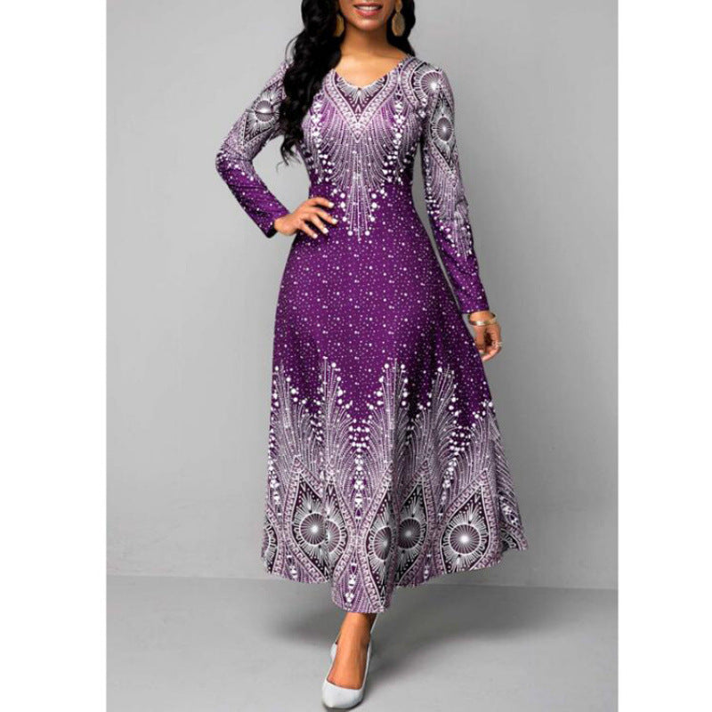 Women's Vintage Floral Print Long Sleeves Maxi Dress