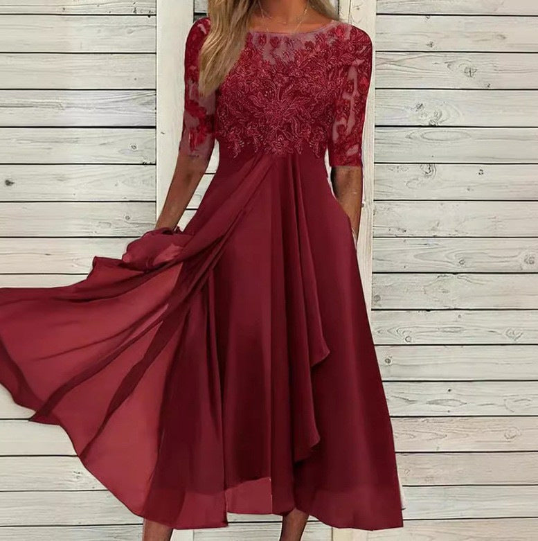 Lace Stitching Bridesmaid High Waist Slimming Dress