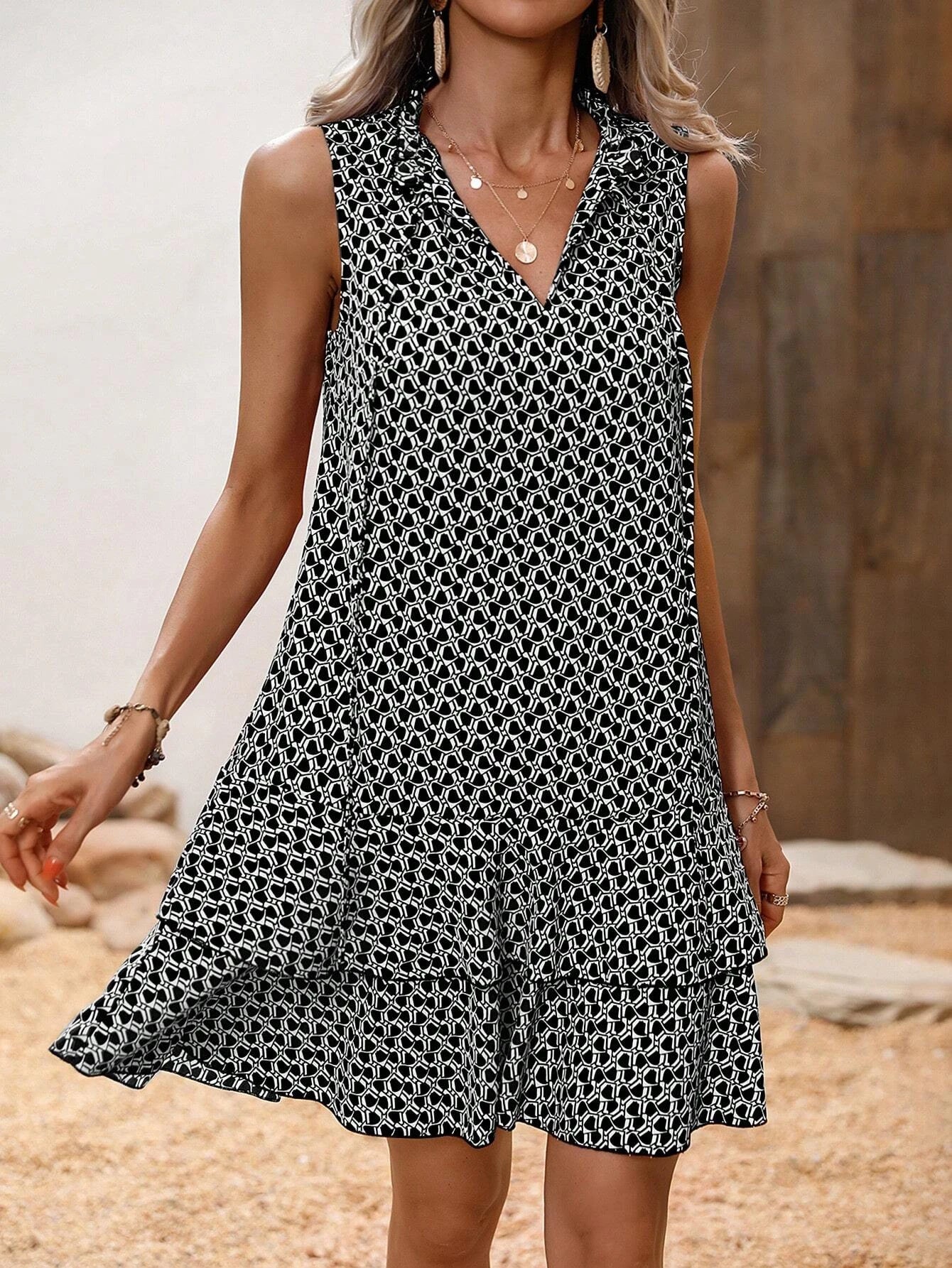 Cool Printed Bow Tie Fashion Lace Dress