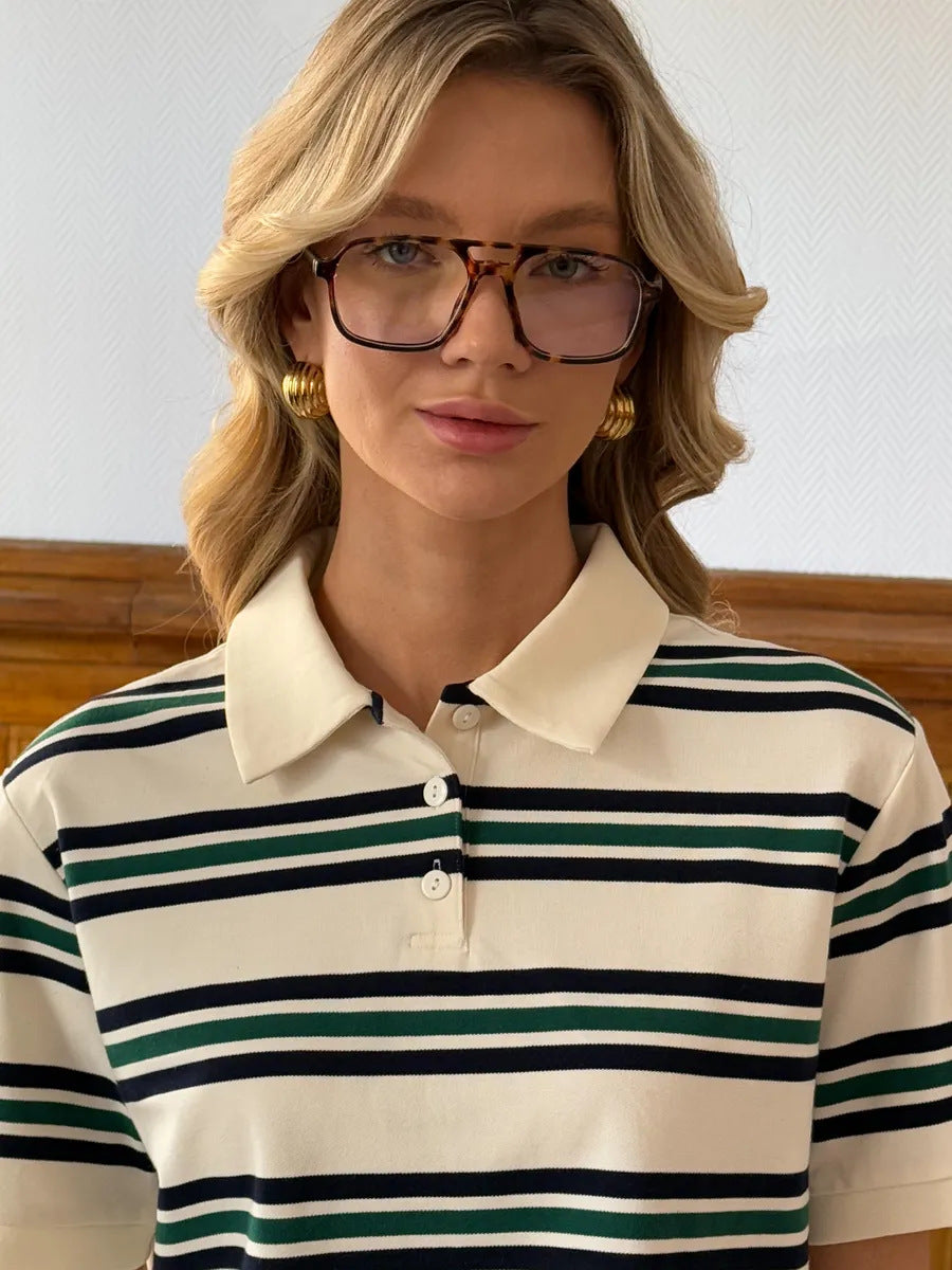 Women's Beauty Retro Contrast Color Striped Shirt Loose Sleeve Women's T-shirt
