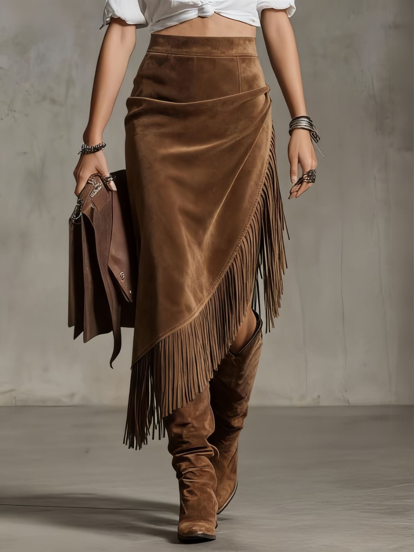 Women's Retro Western Tassel Hem Irregular Suede Skirts
