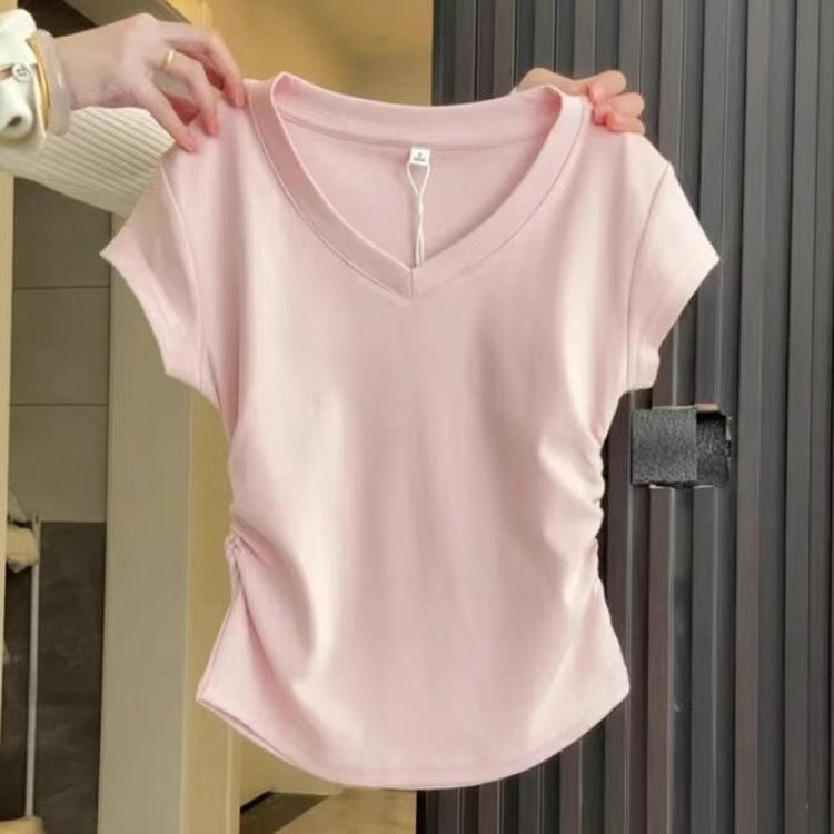 Women's Shoulder Short-sleeved Summer Slim Fit Pleated Women's T-shirt